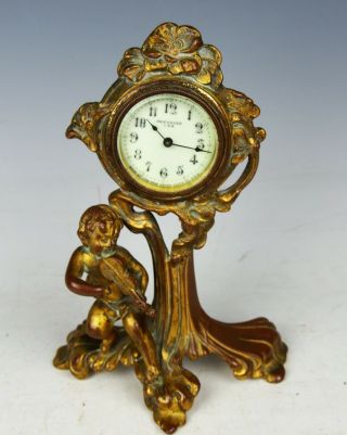 Haven Art Nouveau Clock 1900s Antique Brass/bronze Cherub W/violin