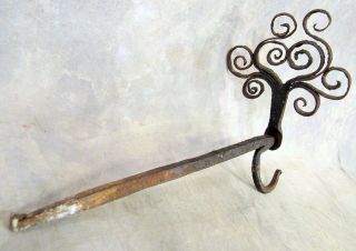 Early 19th C Folk Art Forged Iron Fat Grease Betty Lamp Hook Tree Of Life Design