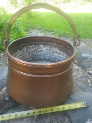 Antique Copper Cauldron Cooking Pot Pail W Brass Handle