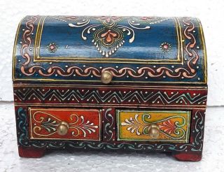 Wooden Box Handmade Embossed Painted Trinket Jewelry Storage 2 Drawer Box Art