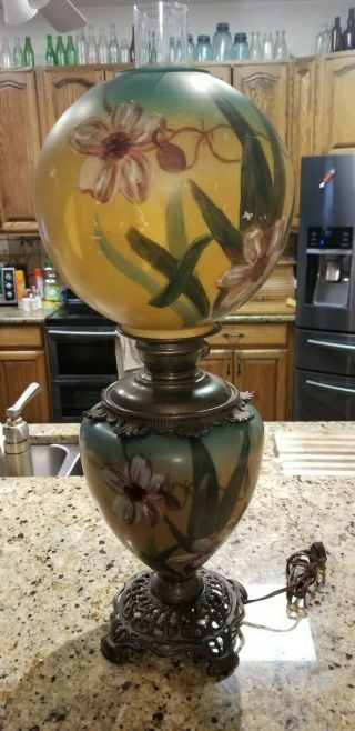 Antique Victorian Gwtw Gone With The Wind Electrified Oil Lamp Hand Painted