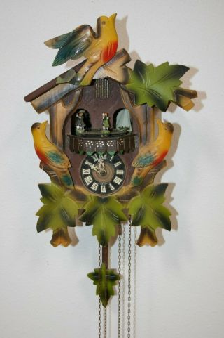 Vintage Black Forest Colorful Cuckoo Clock With Birds & Dancers West Germany
