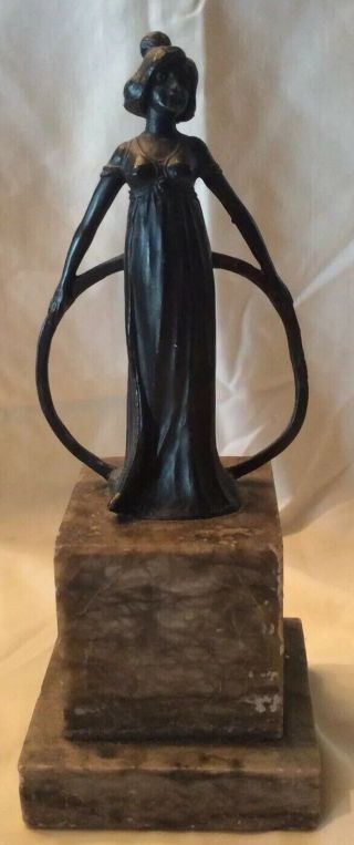 Antique Bronze Lady With Hoop Statue Sculpture Art Deco Marble Base 1920s