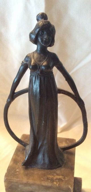 Antique Bronze Lady With Hoop Statue Sculpture Art Deco Marble Base 1920s 3