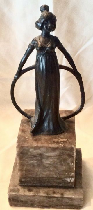Antique Bronze Lady With Hoop Statue Sculpture Art Deco Marble Base 1920s 8