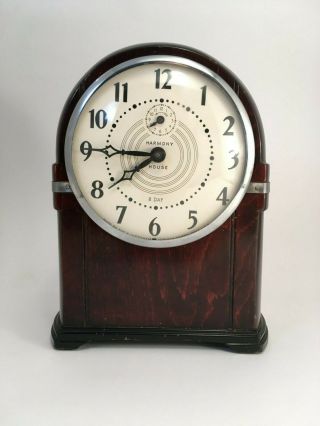 Antique Art Deco Wooden Ingraham Harmony House 8 Day Mantle Clock Running