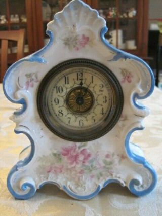 Antique Mantle Shelf Clock Porcelain Or Ceramic Flowers Soft Colors