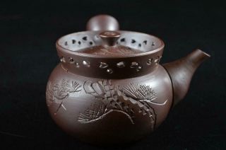 G8468: Japanese Banko - ware Brown pottery Pine sculpture TEAPOT Kyusu Sencha 3