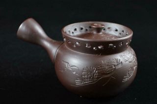 G8468: Japanese Banko - ware Brown pottery Pine sculpture TEAPOT Kyusu Sencha 4