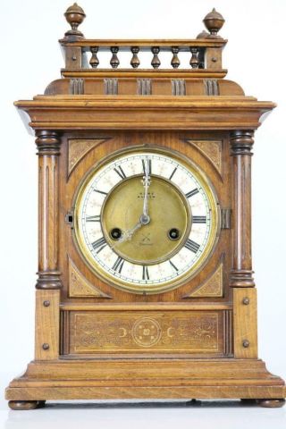 Antique Walnut Mantel Clock By H.  A.  C.  Galleried Top,  Porcelain Chapter Restore