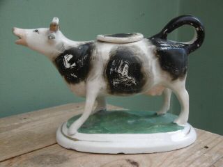 19thc Staffordshire Black & White Cow Creamer Figure C.  1860 