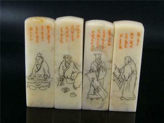 A Set Of 4 Chinese Jelly Stone Carved Chop Seal Figure & Calligraphy