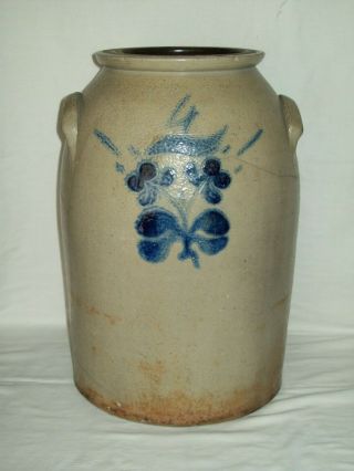 " Primitive " Rare 4 Stoneware Crock Has A Cobalt Blue Design