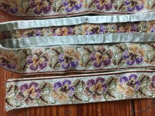Antique Petit Point Embroidered Floral Pansy Silk Trim 2