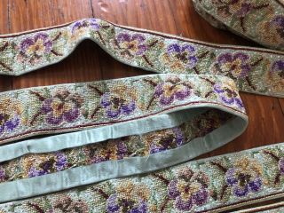 Antique Petit Point Embroidered Floral Pansy Silk Trim 4
