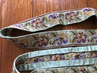 Antique Petit Point Embroidered Floral Pansy Silk Trim 5