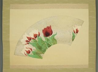 掛軸1967 Japanese Hanging Scroll " Fan Surface Tulip " @b678
