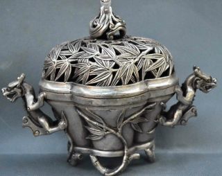 Collectable Miao Silver Carve Dragon Around Bamboo Ancient Royal Incense Burners