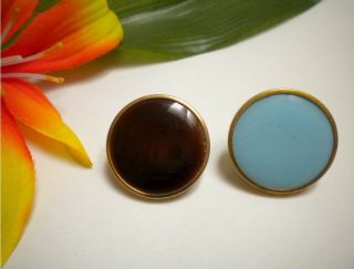 Antique French Gilt Brass Rimmed Robin Egg Blue & Chocolate Glass Enamel Buttons