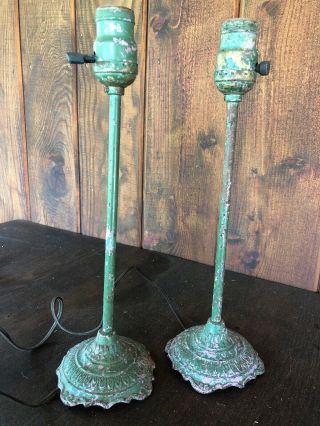 Antique Cast Iron Table Lamps Rare Set/2 Rustic Primitive 14” Tall