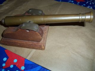Vintage Brass And Wood Cannon With Wooden Base And Metal Trim 10 " Long & Heavy