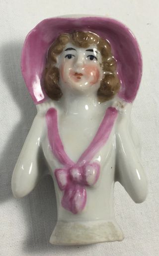 Vintage Half Doll Pin Cushion South Germany Porcelain Small Girl In Pink Bonnet