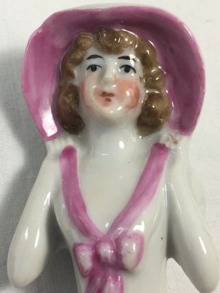 Vintage Half Doll Pin Cushion South Germany Porcelain Small Girl In Pink Bonnet 2
