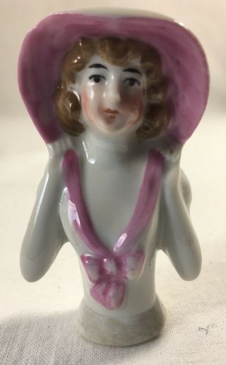 Vintage Half Doll Pin Cushion South Germany Porcelain Small Girl In Pink Bonnet 3