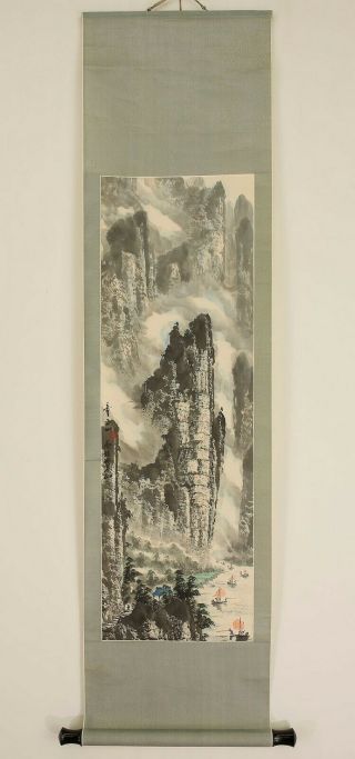 掛軸1967 Chinese Hanging Scroll " Sailing Boats And Ridgy Mountain Scenery " @r966