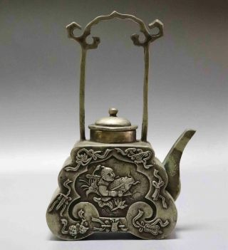 Collect Antique Tibet Silver Carve Child And Fish Precious Ming Dynasty Teapot