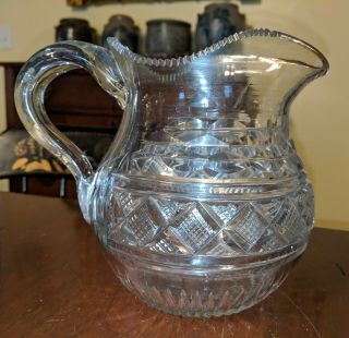 Antique American Cut Glass Pitcher 19th C Possibly Pittsburgh Applied Handle