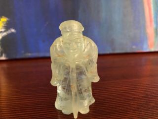 Vintage Chinese White Jade Carved Bearded Man With Cane Miniature Figurine