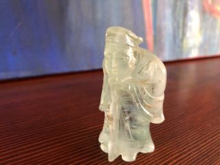 Vintage Chinese White Jade Carved Bearded Man with Cane Miniature Figurine 2