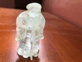 Vintage Chinese White Jade Carved Bearded Man with Cane Miniature Figurine 3