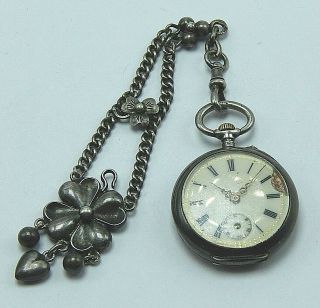 Antique Ladies Silver Swiss Pocket Watch With Adorable Sterling Silver Chain
