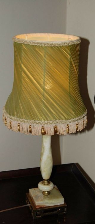 Vintage/ Retro 1930s Green Real Onyx Lamp,  Solid Brass Base & Silk/organza Shade