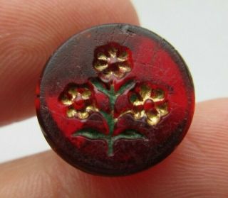 Lovely Antique Vtg Victorian Ruby Red Glass Button Enamel Flowers 5/8 " (j)