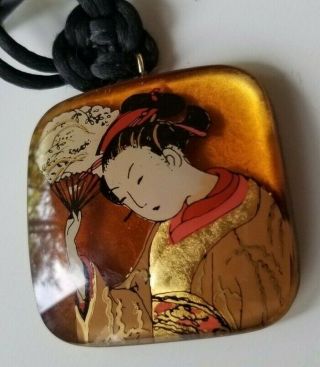 Vintage Japanese Hand Painted 23k Gold Leaf Glass Pendant Silk Cord Signed Gg