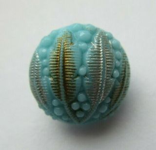 Very Pretty Small Antique Vtg Victorian Turquoise Glass Button Feathers (c)