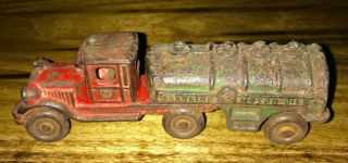 Vintage Cast Iron Gasoline & Motor Oil Tanker Truck - 7 Inches - Arcade - 20s