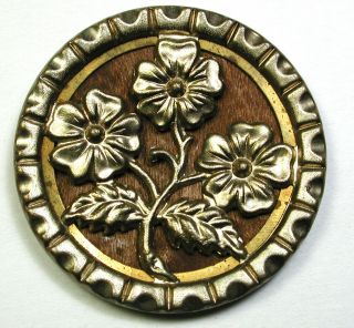 Bb Antique Brass & Metal Button Woodback Detailed Flower Scene 1 & 7/16 "