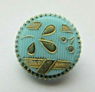 Exquisite Small Antique Vtg Turquoise Glass Button Gold Luster Design 5/8 " (c)