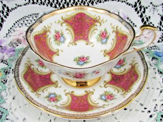 Paragon Pink Panels Fancy Gold Gilt Rose Floral Tea Cup And Saucer