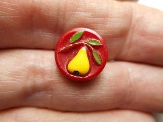 Red Glass W/ Yellow Pear Fruit Goofy Childrens Vintage Button 1/2 " Rs