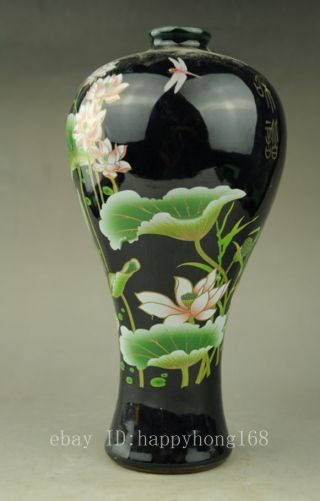 Delicate China Jingdezhen Handmade Ceramic Vase Black Enamel Lotus Leaf C02