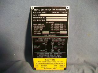 M151 A2 Series Mutt Operating Instructions Data Plate