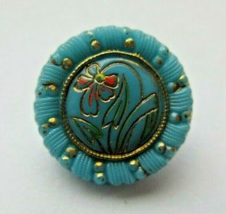 Stunning Antique Vtg Victorian Turquoise Glass Button Enamel Flowers 5/8 " (c)