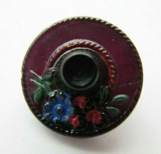 Magnificent Rare Antique Deep Amethyst Glass Button Painted Realistic Hat (c)