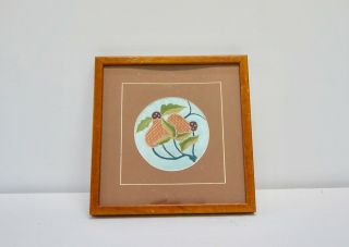 Vintage Chinese Framed Silk Embroidery Sample Diamond Points Pears 2