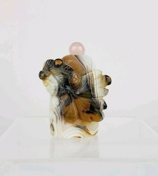 An Old Chinese Carved Banded Agate Snuff Bottle With Goldfish Rose Quartz Top